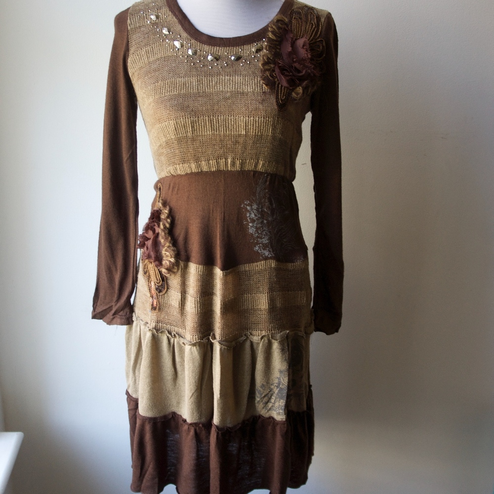 NWT PRETTY ANGEL patchwork brown sweater dress